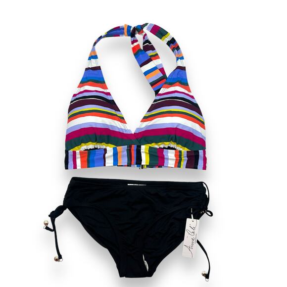 NEW Anne Cole Striped Bikini Set Size XS D Cup Ruched Swim Suit Halter NWT - Picture 1 of 14